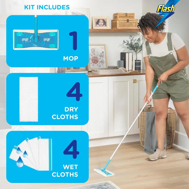 Flash Speed Mop Starter Kit 4 Dry Sweeping Pads + 4 Wet