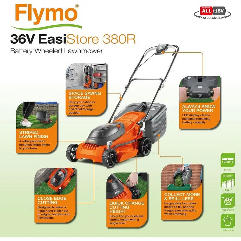 Flymo 36V EasiStore 380 Cordless Lawnmower Kit 2.0 (2 x P4A