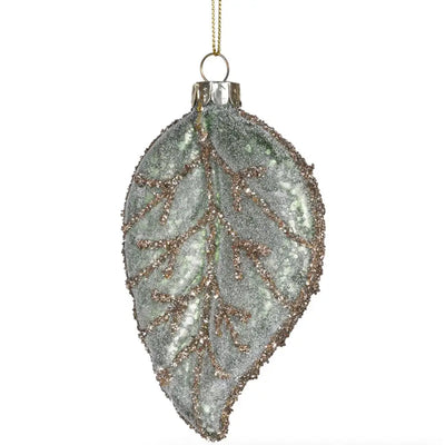Frosted Green And Gold Glitter Leaf Bauble Seasonal >>