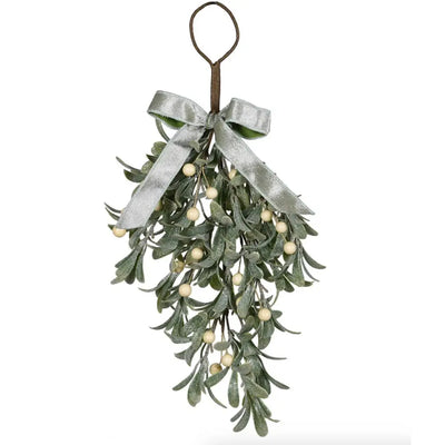 Frosted Mistletoe Teardrop With Sage Bow Seasonal >>