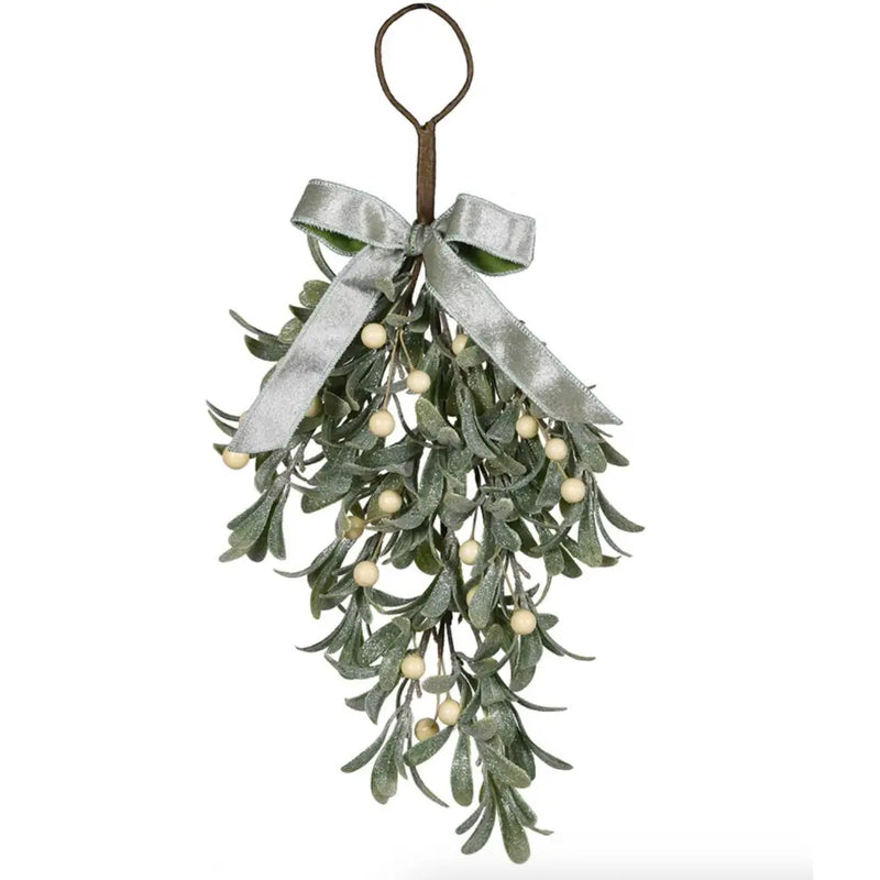 Frosted Mistletoe Teardrop With Sage Bow Seasonal >>