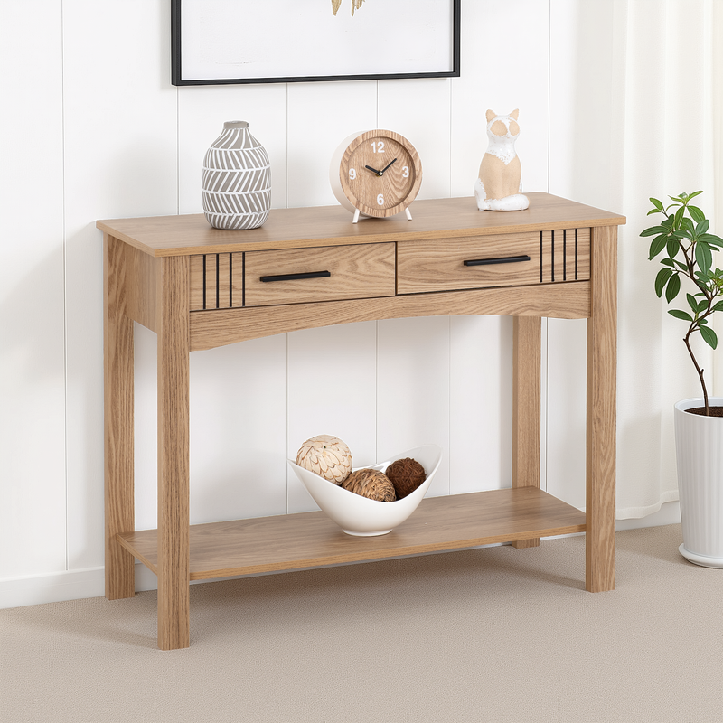 Tessa 2 Drawer Natural Oak Effect Console Table - 930 x 350 x 735mm