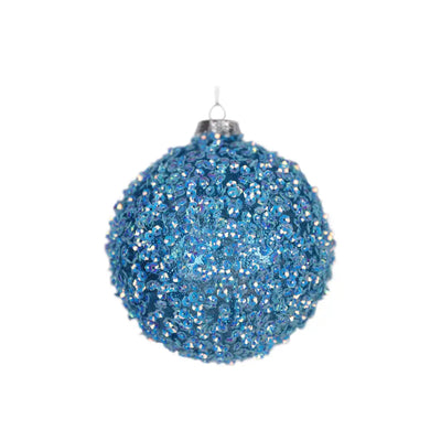 Glass Blue Bauble With Sequins 10cm - Seasonal & Holiday