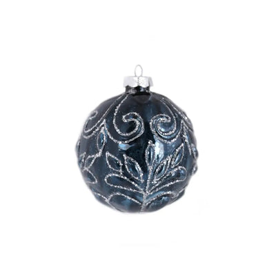 Glass Blue Bauble With Silver Ornate Glitter Design 10cm -