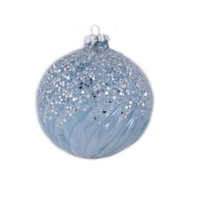 Glass Blue Swirl Bauble With Frosted Stars 10cm - Seasonal &