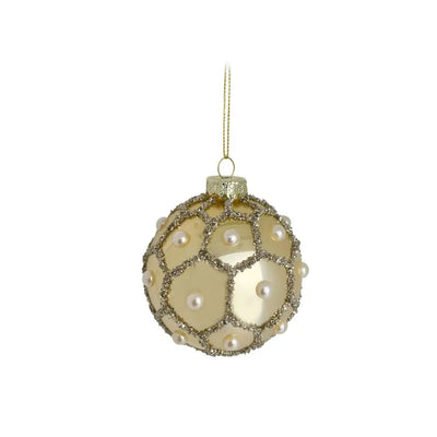 Glass Gold Bauble With Pearls 8cm - Seasonal & Holiday