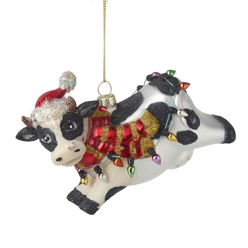 Glass Hanging Christmas Cow Bauble 10x8cm - Seasonal >>
