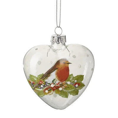 Glass Painted Robin Heart Bauble 8cm - Seasonal >>