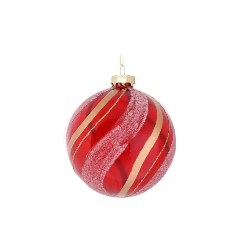 Glass Red And Gold Swirled Line Bauble 10cm - Seasonal >>