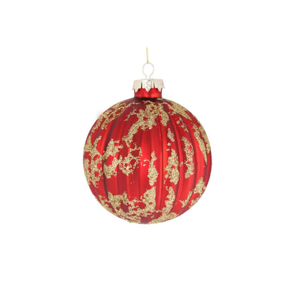 Glass Red & Gold Vertical Glitter Lines Bauble 10cm -