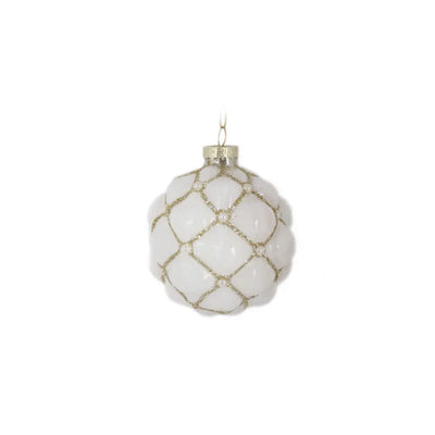 Glass White And Gold Quilted Bauble 8cm - Seasonal >>