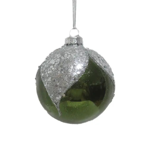 Green Glass Bauble With Silver Leaf Design 8cm - Christmas