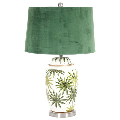 Green Leaf Ceramic Table Lamp Velvet Shade 36 x 36 x 71cm -
