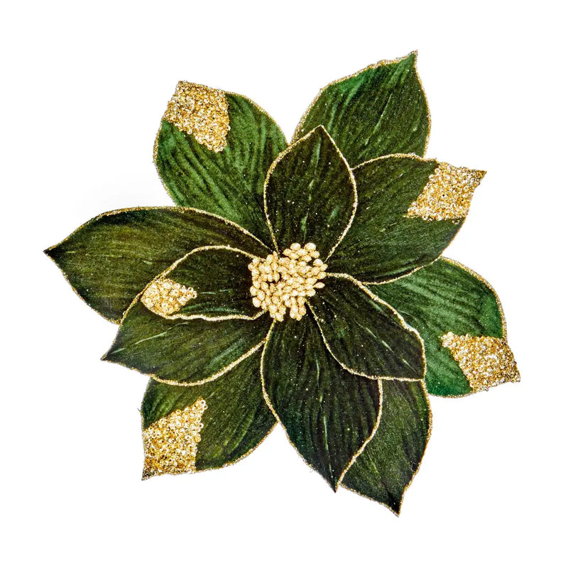 Green Velvet with Gold Sequin Poinsettia 29cm - Seasonal >>