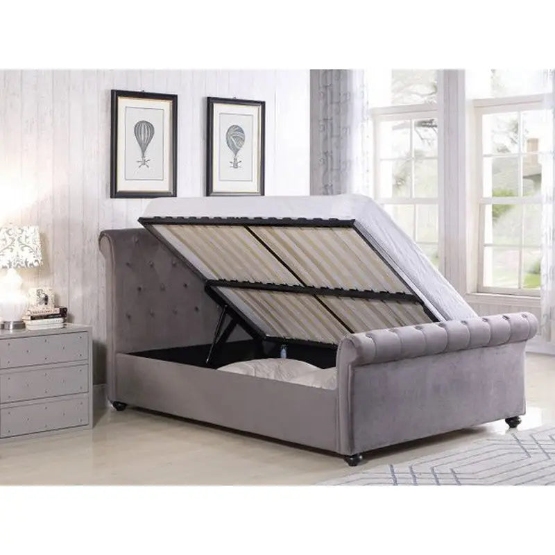 Grey Fabric Scroll Gas Lift Storage Bed - Bed & Bed Frame
