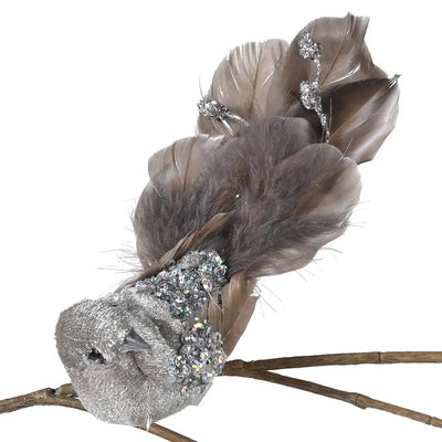 Grey Feather & Glitter Bird Clip On - Christmas