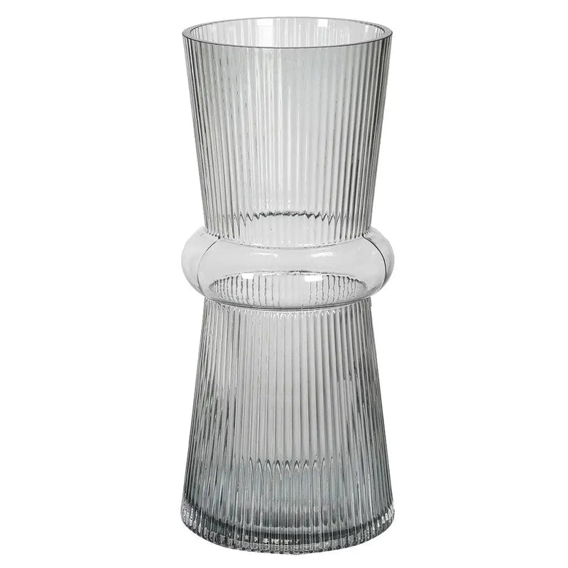 Hand Blown Grey Ribbed Vase - Homeware