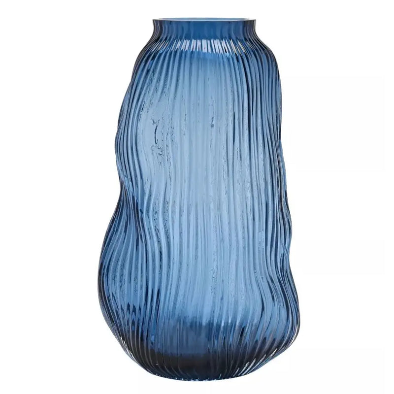 Hestia Blue Ridged Textured Glass Vase - 30 x 13cm