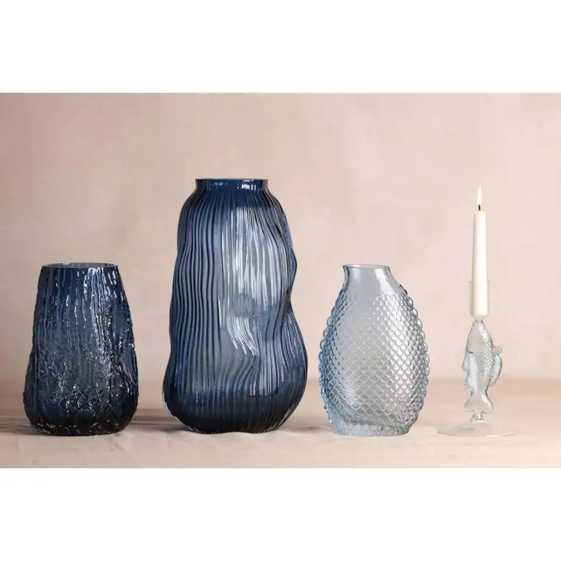 Hestia Blue Ridged Textured Glass Vase - 30 x 13cm