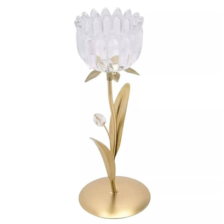 Hestia Single Stem Candle Holder With Clear Glass On Gold