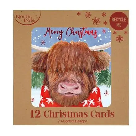 Highland Cow 12 Pack White Kraft Christmas Cards - Seasonal