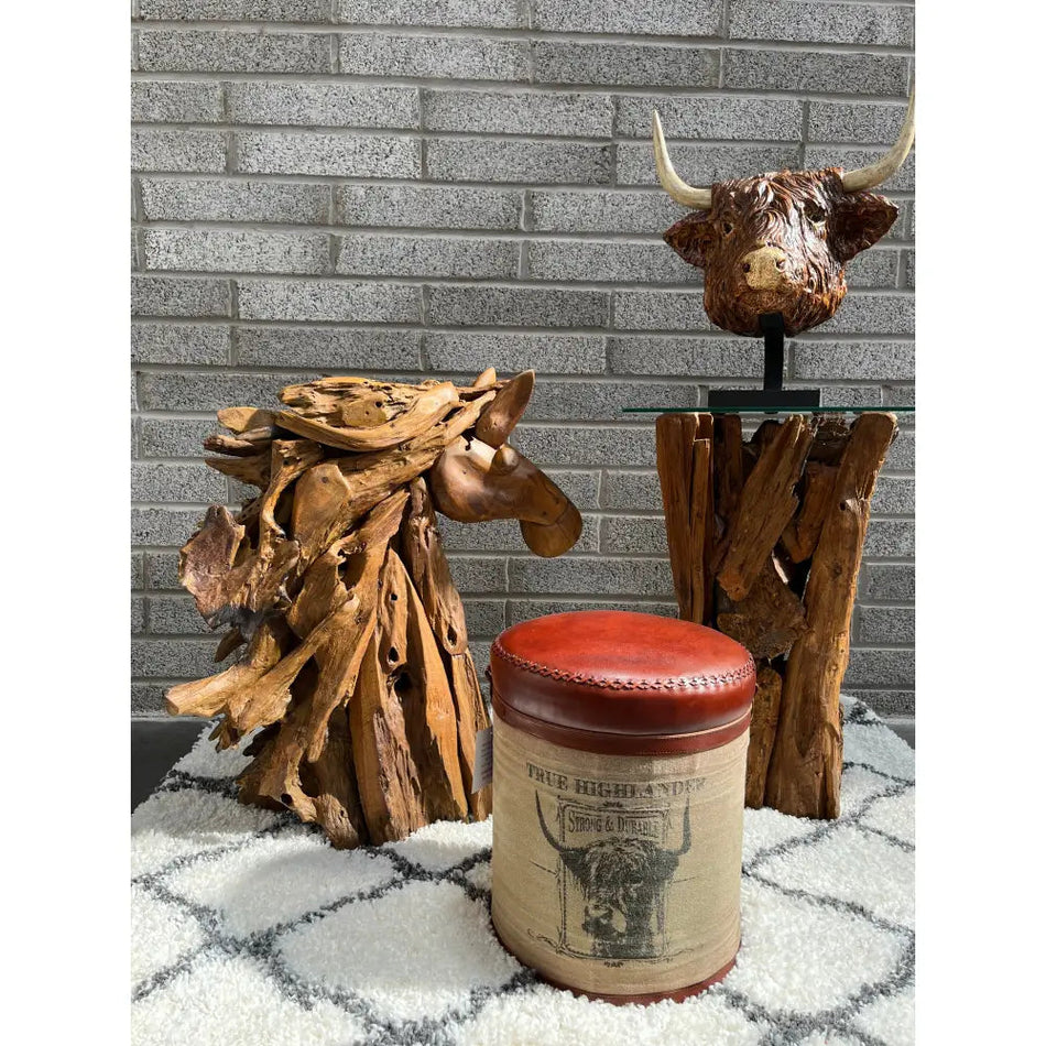 Highland Herd Tin &n Leather Stool - Homeware