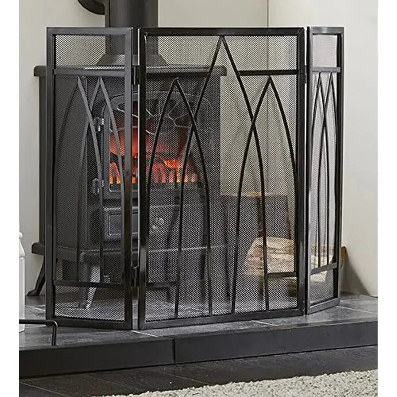 Inglenook 3 Fold Black Wrought Iron Fire Screen Guard - Fire