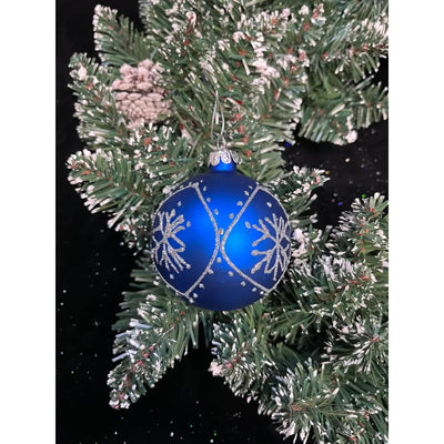 Jingles Blue Glass Bauble White Snowflake 8cm - Christmas