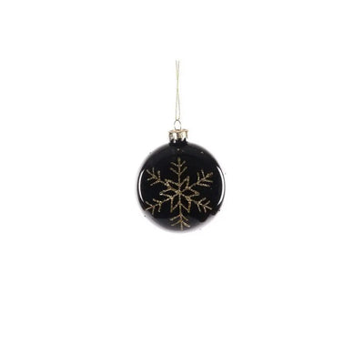 Jingles Glass Black Bauble Gold Snowflake 8cm - Christmas