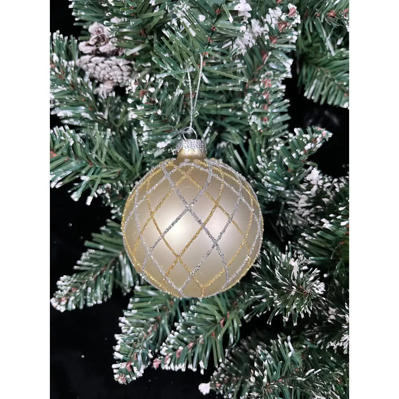 Jingles Glass Matt Gold Bauble Glitter Lines 8cm - Christmas
