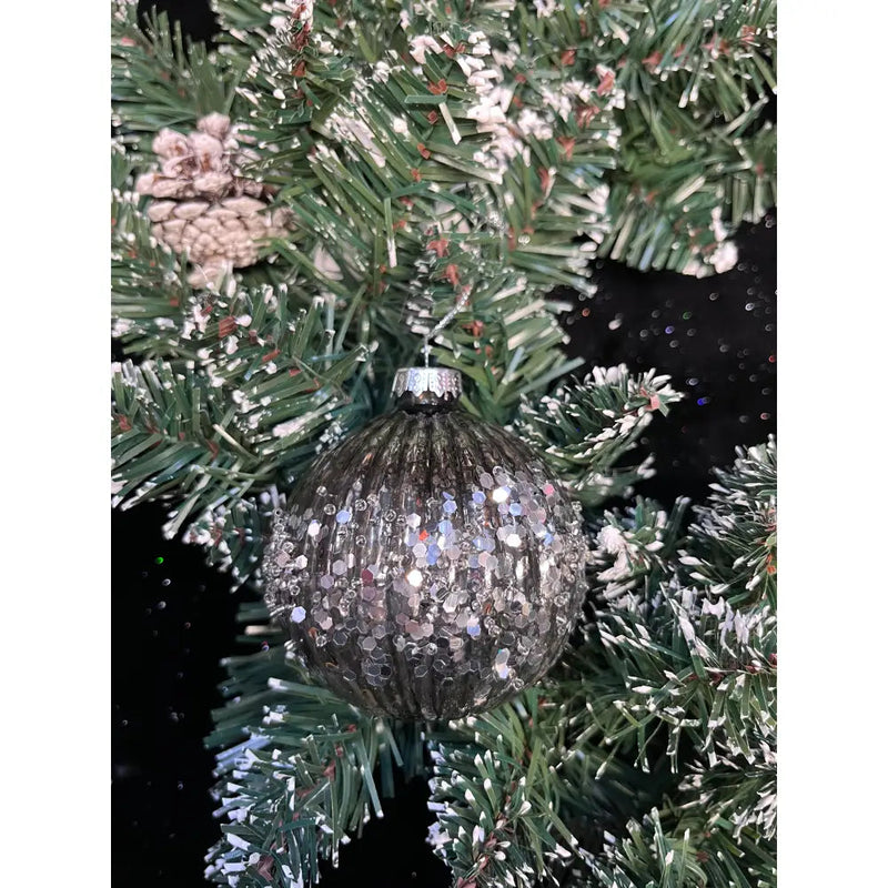 Jingles Graphite Grey Ribbed Glass Sequin Bauble 8cm -