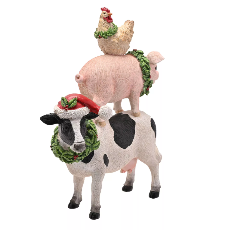 Resin Christmas Farm Animals Stack - Cow, Pig Hen