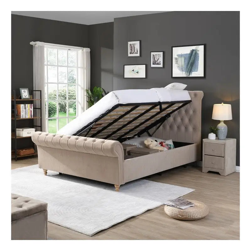 Kilkenny Gas Lift Scroll Button Bed - Mink Grey Silver