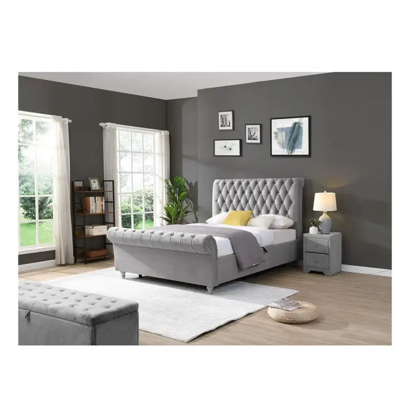 Kilkenny Gas Lift Scroll Button Bed - Mink Grey Silver