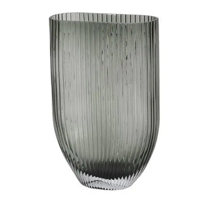 Large Ribbed Grey Smoked Glass Vase - Homeware