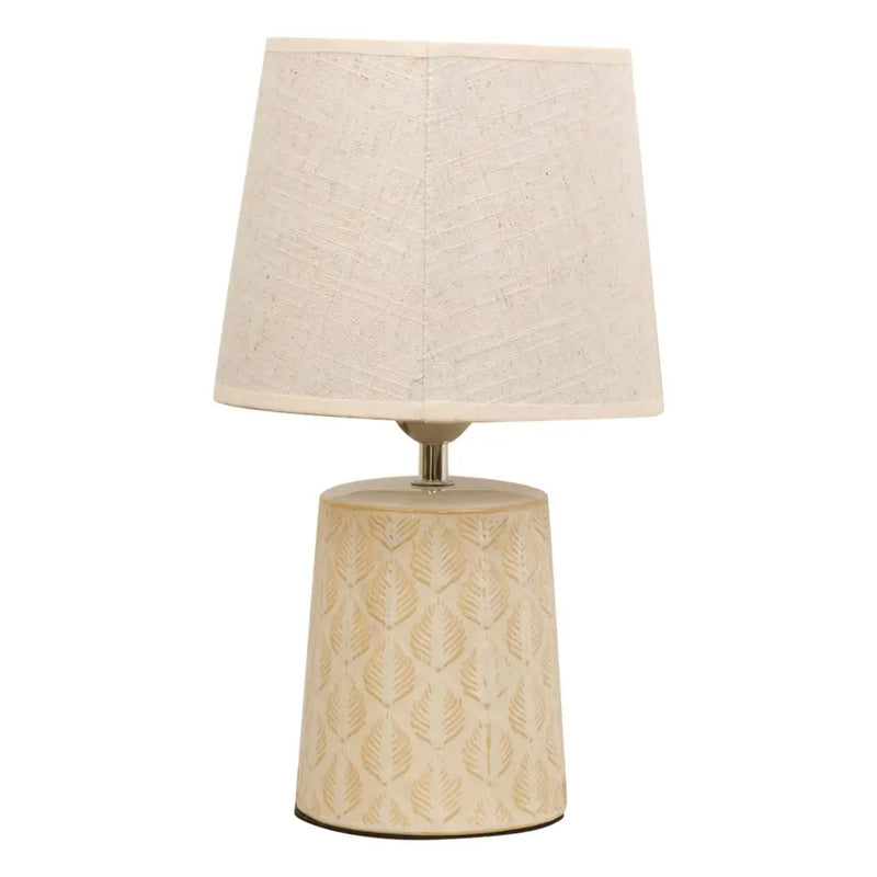 Leaf Print Table Lamp with Beige Linen Shade 35cm -