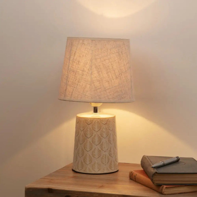 Leaf Print Table Lamp with Beige Linen Shade 35cm -