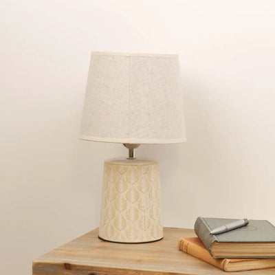 Leaf Print Table Lamp with Beige Linen Shade 35cm -