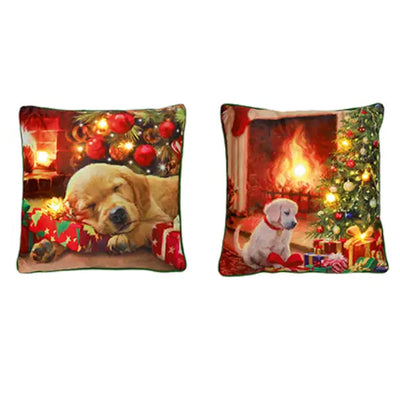 Lit BO Christmas Puppy by the Fire Cushion 45cm - 2 Asst. 1