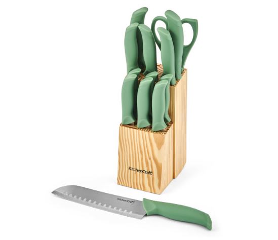 KitchenCraft 14pc Knife Block Set with 7 Knives and a Pair of Kitchen Shears, Green