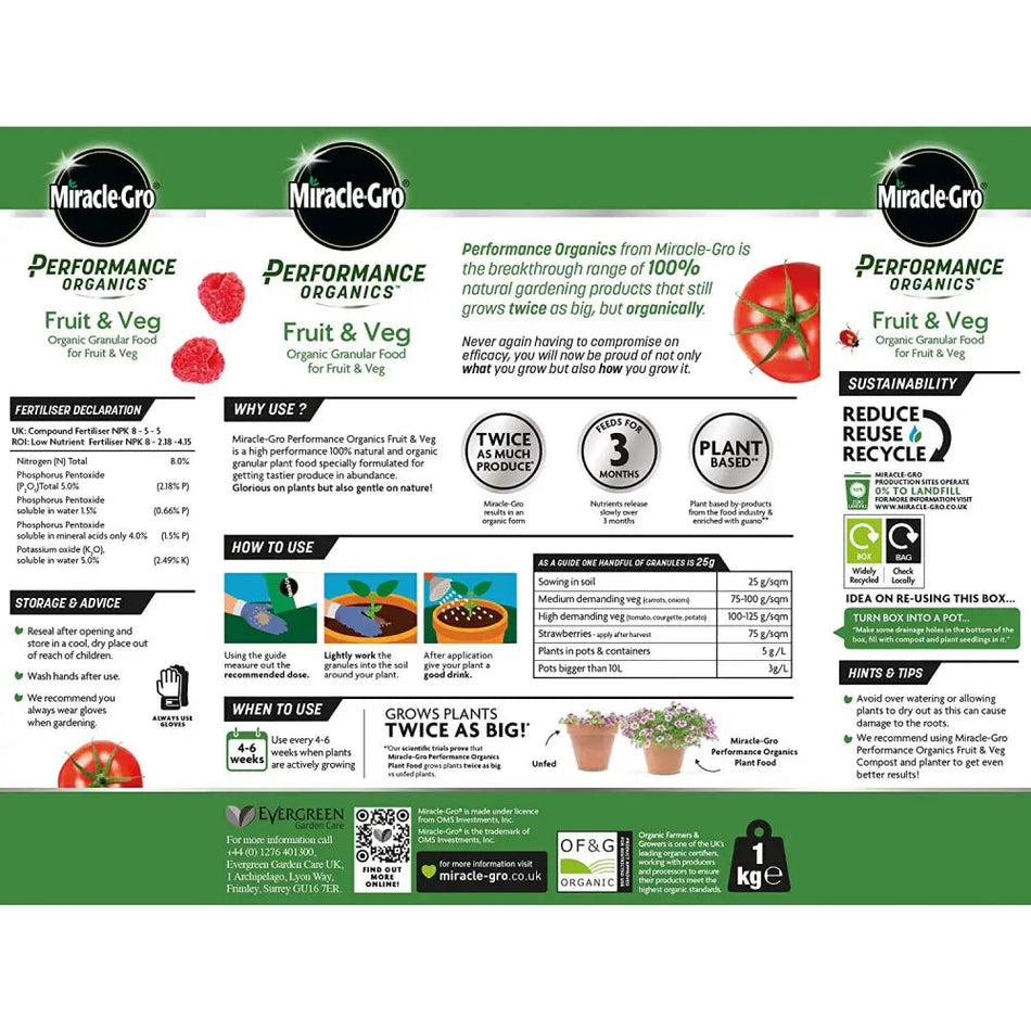 Miracle Gro Perform Organic Fruit & Veg Plant Food 1Kg