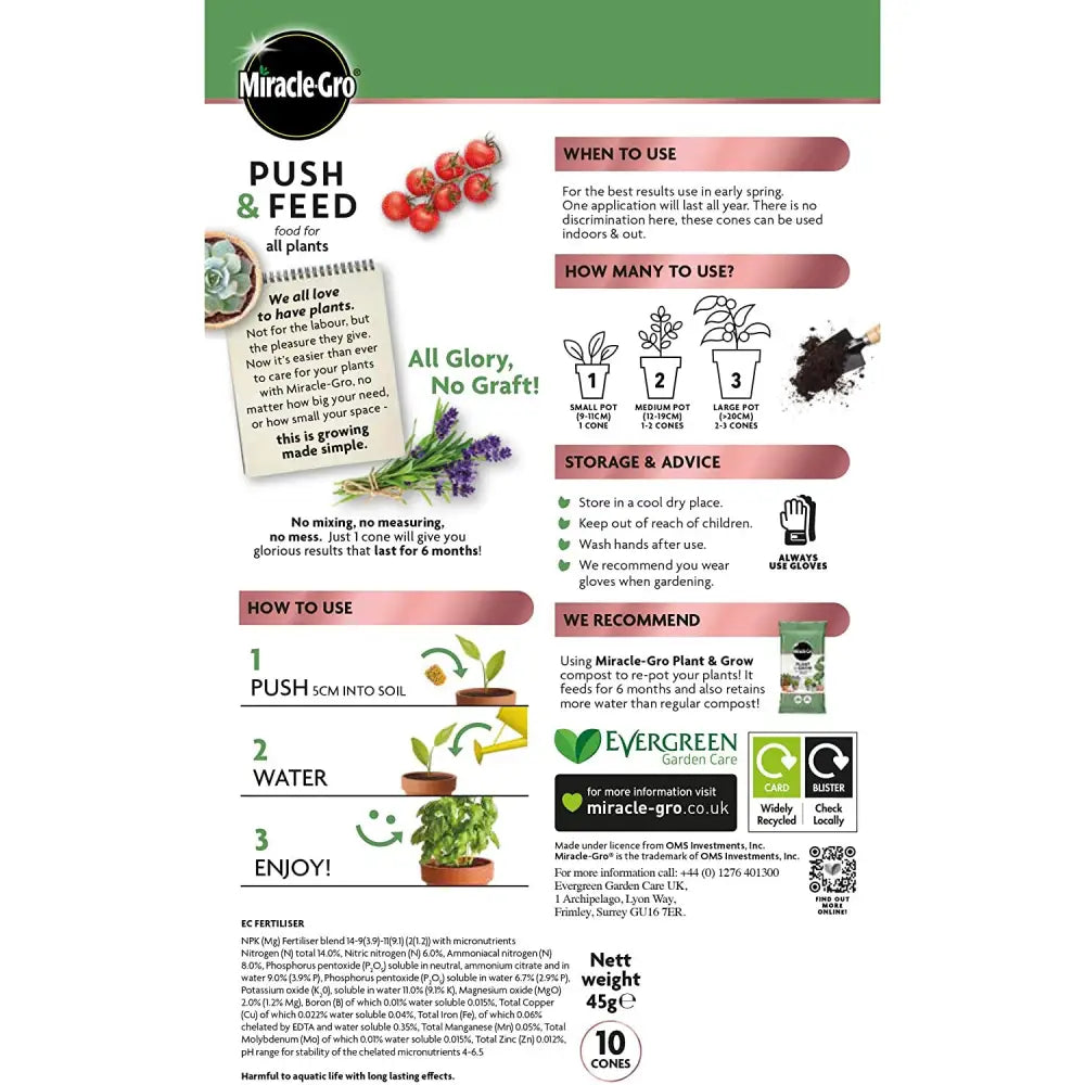 Miracle Gro Push & Feed Plant Food Cones 10Pk