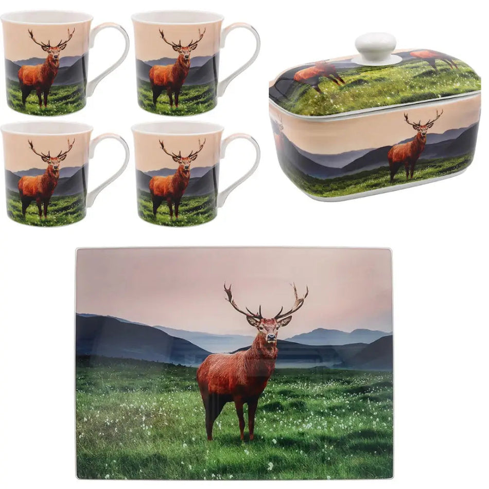 Monarch Stag - Butter Dish / Cutting Board / Set of 4 Mugs -