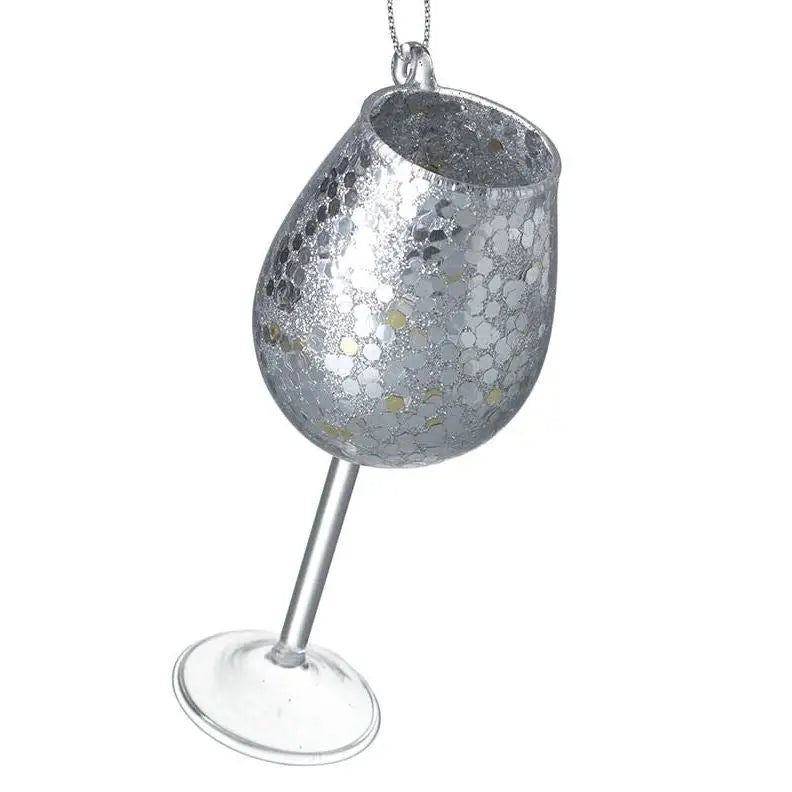 Mottled Glitter Glass Wine Glass Bauble 5x11cm - Available