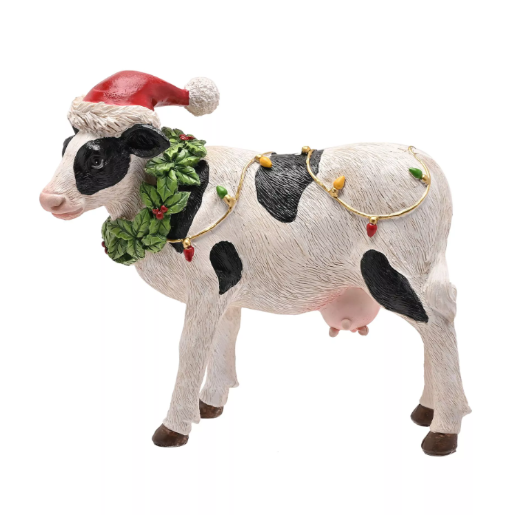 Resin Christmas Cow With Santa Hat and Wreath
