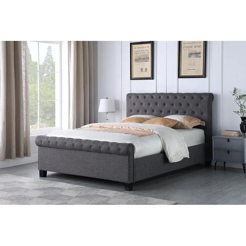 Paris Grey Fabric Buttoned Scroll Gas Lift Bed Frame - 4ft
