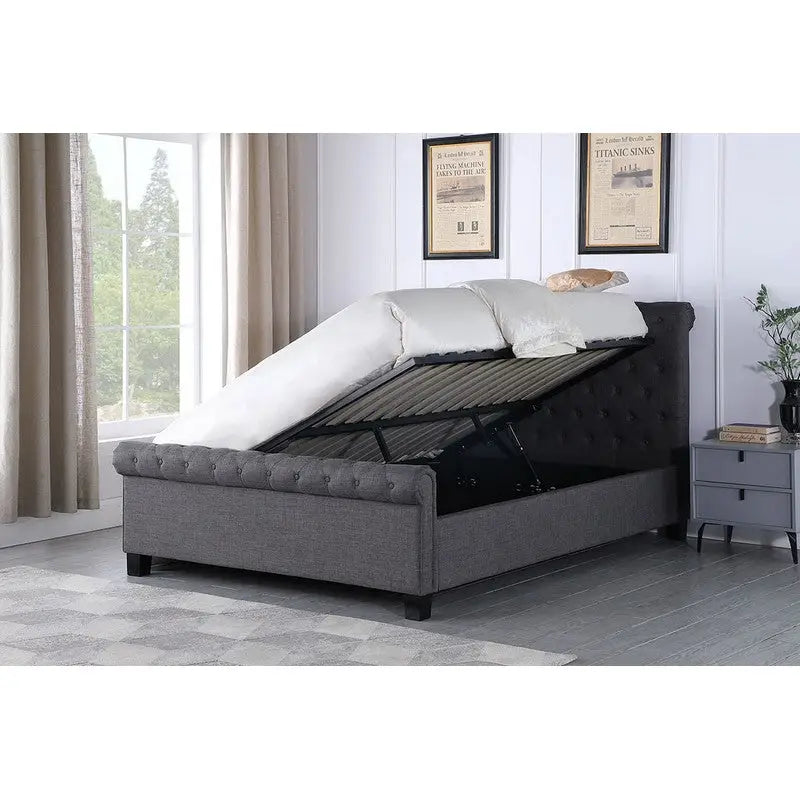 Paris Grey Fabric Buttoned Scroll Gas Lift Bed Frame - Beds
