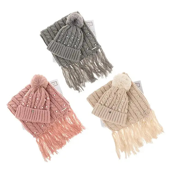 Pearl Detail Boxed Hat & Scarf Set (Assorted Designs) -