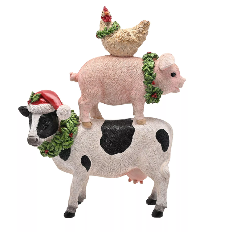 Resin Christmas Farm Animals Stack - Cow, Pig Hen