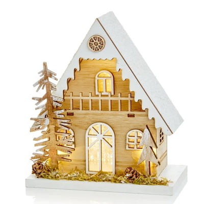 Premier Decorations Wooden Christmas House 18cm With Trees -